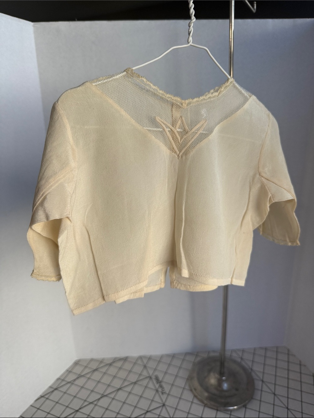 Antique 1920s/30s Infant Large Doll Blouse Art Deco Net Yoke Rayon Crepe